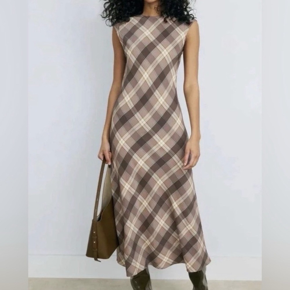 Argent Brown Plaid Midi Dress Sz M Silk Business Casual Bias Cut Preppy $475